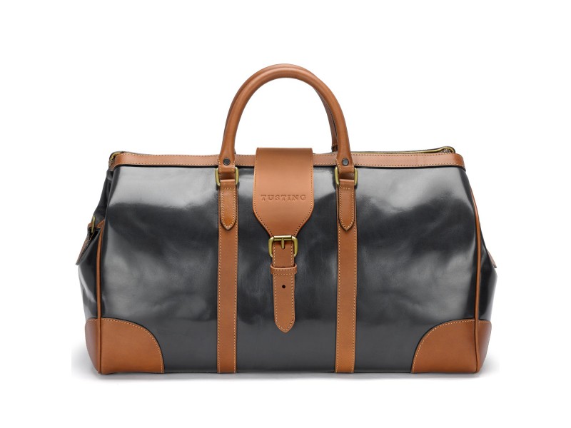 navy leather holdall